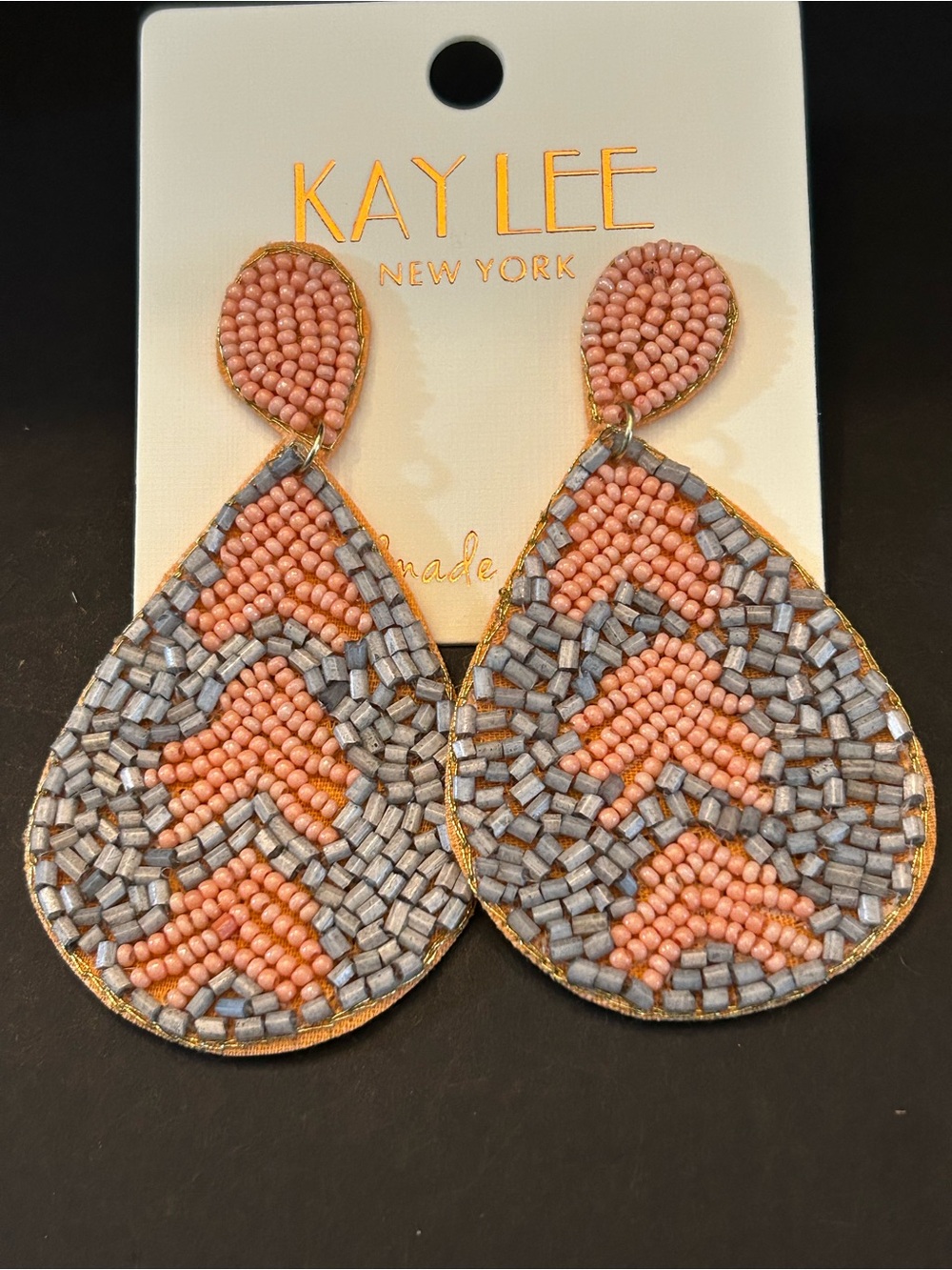 Kay Lee Boho Design Hand Beaded Drop Earrings - Peach and Gray